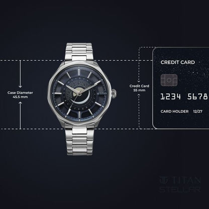 Titan Stellar Analog with Sun Moon Phase and Blue Dial Silver Stainless Steel Strap Watch for Men 10028SM01 - Shop Authentic TITMENWAT(s) from Maybrands - for as low as ₦283500! 