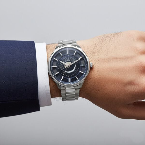 Titan Stellar Analog with Sun Moon Phase and Blue Dial Silver Stainless Steel Strap Watch for Men 10028SM01 - Shop Authentic TITMENWAT(s) from Maybrands - for as low as ₦283500! 