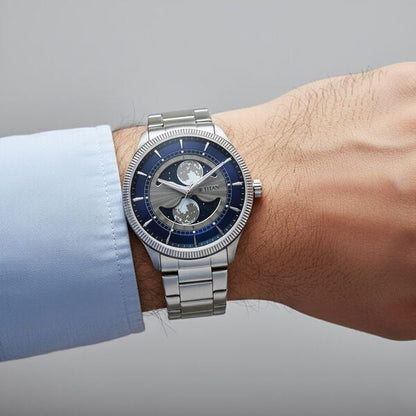 Titan Stellar Analog with Dual Moon Phase and Blue Dial Silver Stainless Steel Strap Watch for Men 10050SM01 - Shop Authentic TITMENWAT(s) from Maybrands - for as low as ₦235500! 
