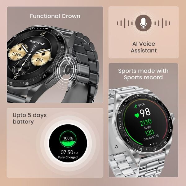 Fastrack Radiant FX1 Luxury Metal Smartwatch with 3.6 cm AMOLED Display, SingleSync BT Calling, Functional Crown 38123QM01