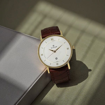 Titan Quartz Analog with Date White Dial Leather Strap Watch for Men NU9162YL01 - Shop Authentic TITMENWAT(s) from Maybrands - for as low as ₦158500! 
