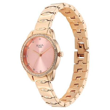 Titan Raga Showstopper Quartz Analog Pink Round Dial Rose Gold Metal Strap Watch For Women NU95281WM01 - Shop Authentic TITWOMWAT(s) from Maybrands - for as low as ₦190000! 