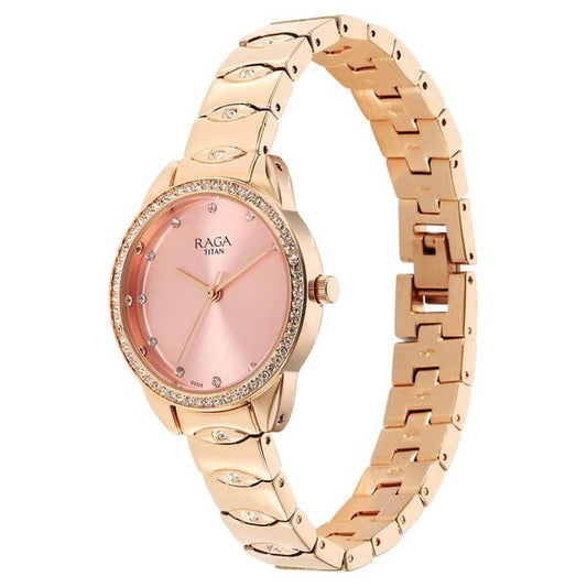 Titan Raga Showstopper Quartz Analog Pink Round Dial Rose Gold Metal Strap Watch For Women NU95281WM01 - Shop Authentic TITWOMWAT(s) from Maybrands - for as low as ₦190000! 