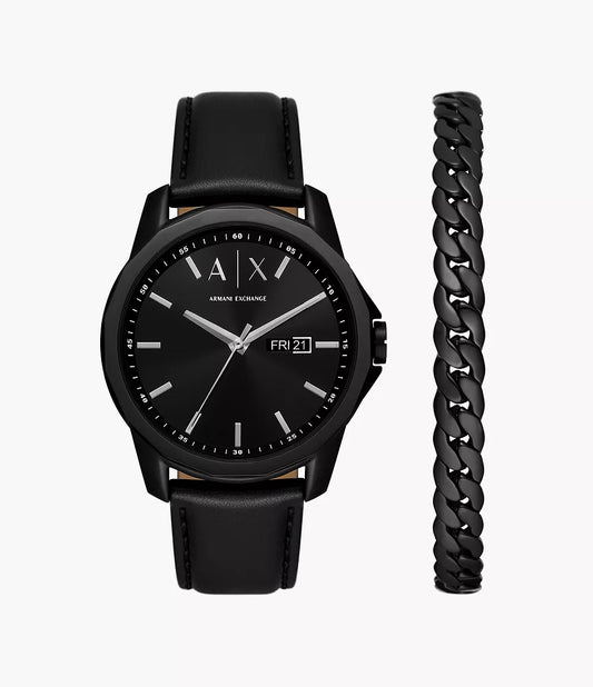 AX7147SET - Armani Exchange Three-Hand Day-Date Black Leather Watch and Black Stainless Steel Bracelet Set - Shop Authentic watches(s) from Maybrands - for as low as ₦327000! 