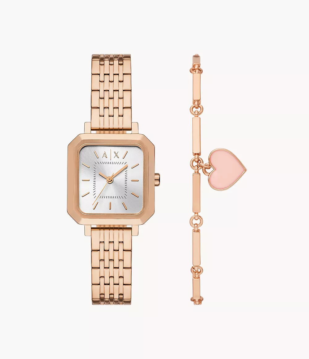 Armani Exchange Three-Hand Rose Gold-Tone Stainless Steel Watch and Bracelet Set AX7164SET - Shop Authentic Watches(s) from Maybrands - for as low as ₦379500! 