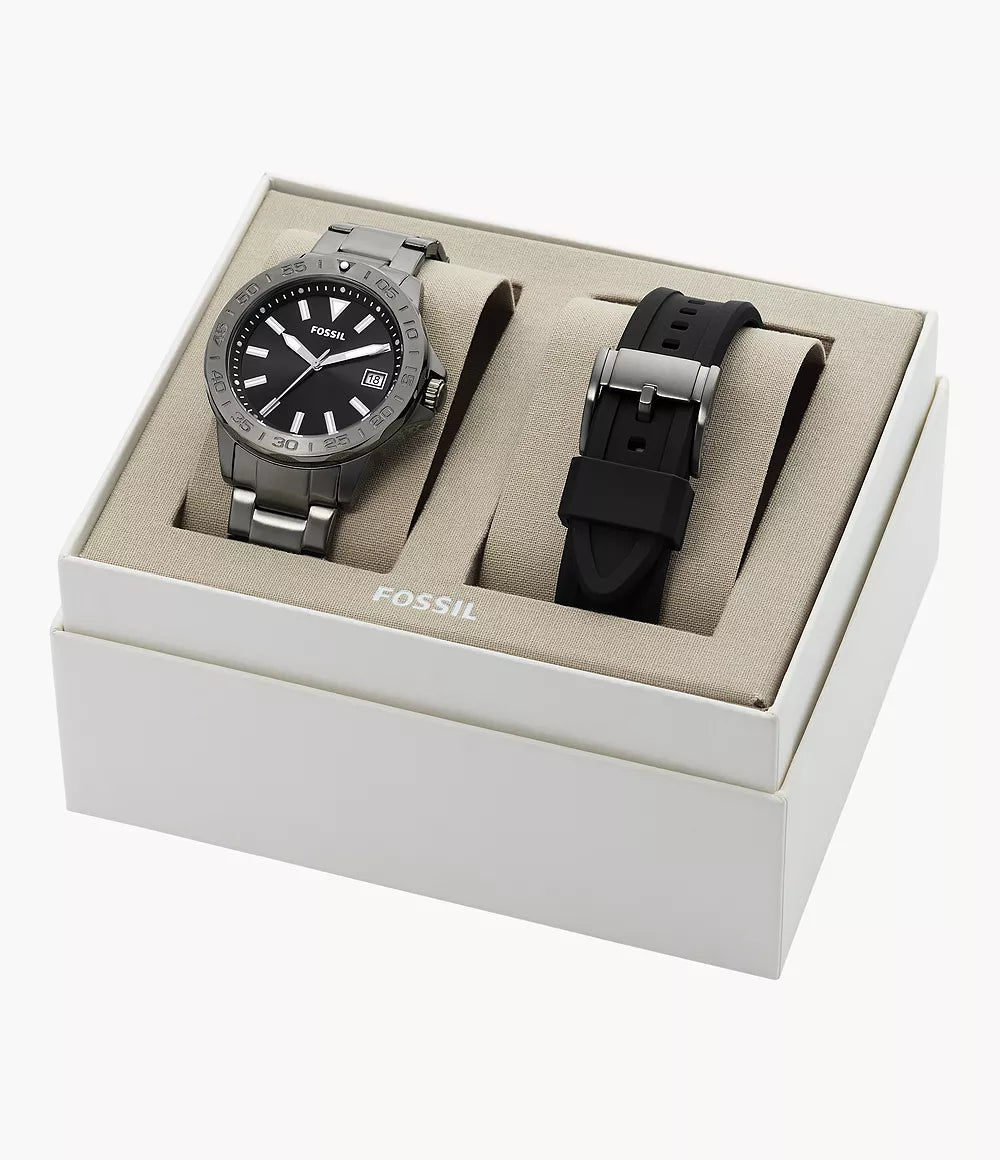 BQ2785SET - Fossil Bannon Three-Hand Date Smoke Stainless Steel Watch and Strap Box Set - Shop Authentic watches(s) from Maybrands - for as low as ₦308000! 
