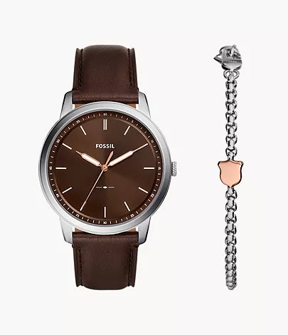 FS6019SET - Fossil Minimalist Three-Hand Brown Leather Watch and Bracelet Box Set - Shop Authentic watch(s) from Maybrands - for as low as ₦314500! 