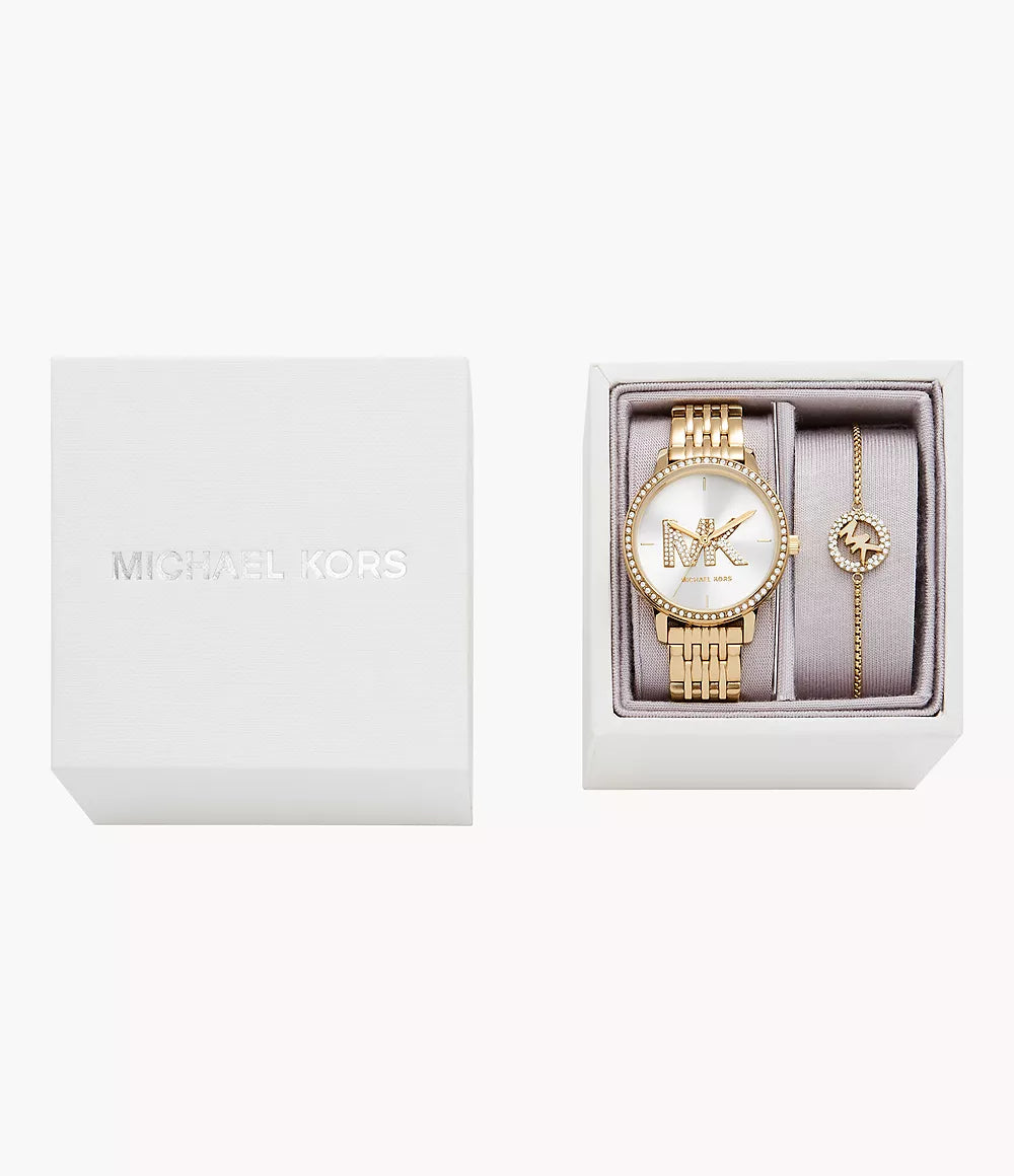 MK1051SET - Michael Kors Three-Hand Gold-Tone Stainless Steel Watch and Slider Bracelet Set - Shop Authentic watches(s) from Maybrands - for as low as ₦437000! 