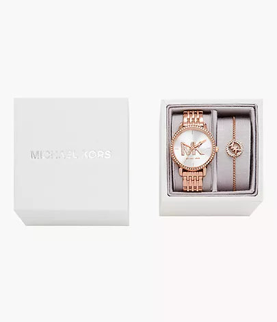 MK1052SET - Michael Kors Three-Hand Rose Gold-Tone Stainless Steel Watch and Slider Bracelet Set - Shop Authentic watch(s) from Maybrands - for as low as ₦550500! 