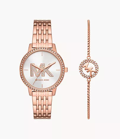 MK1052SET - Michael Kors Three-Hand Rose Gold-Tone Stainless Steel Watch and Slider Bracelet Set - Shop Authentic watch(s) from Maybrands - for as low as ₦550500! 