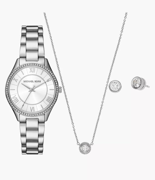 Michael Kors Lauryn Three-Hand Stainless Steel Watch, Earrings and Necklace Gift Set MK4851SET - Shop Authentic MICWOMWAT(s) from Maybrands - for as low as ₦665500! 