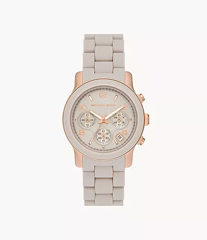 MK7386 - Michael Kors Runway Chronograph Rose Gold-Tone Stainless Steel and Wheat Silicone Watch - Shop Authentic watch(s) from Maybrands - for as low as ₦629500! 